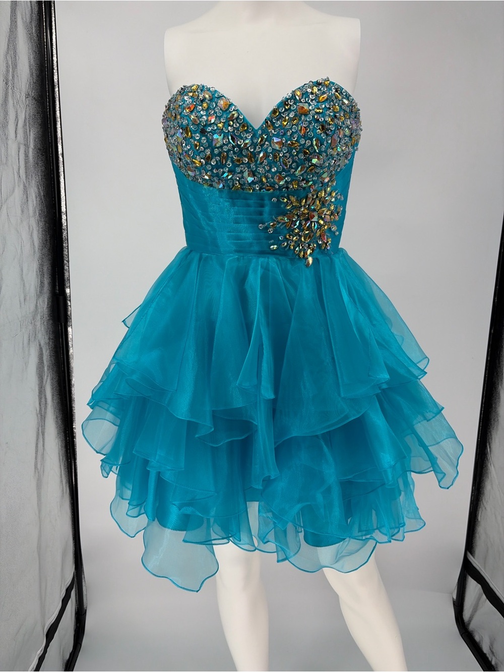 Strapless Turquoise Beaded Tiered Prom Dress